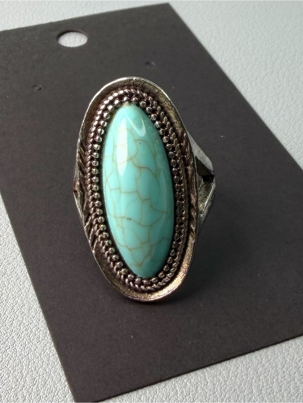 Silver-Tone Turquoise Oval Cocktail Ring - Women Jewelry